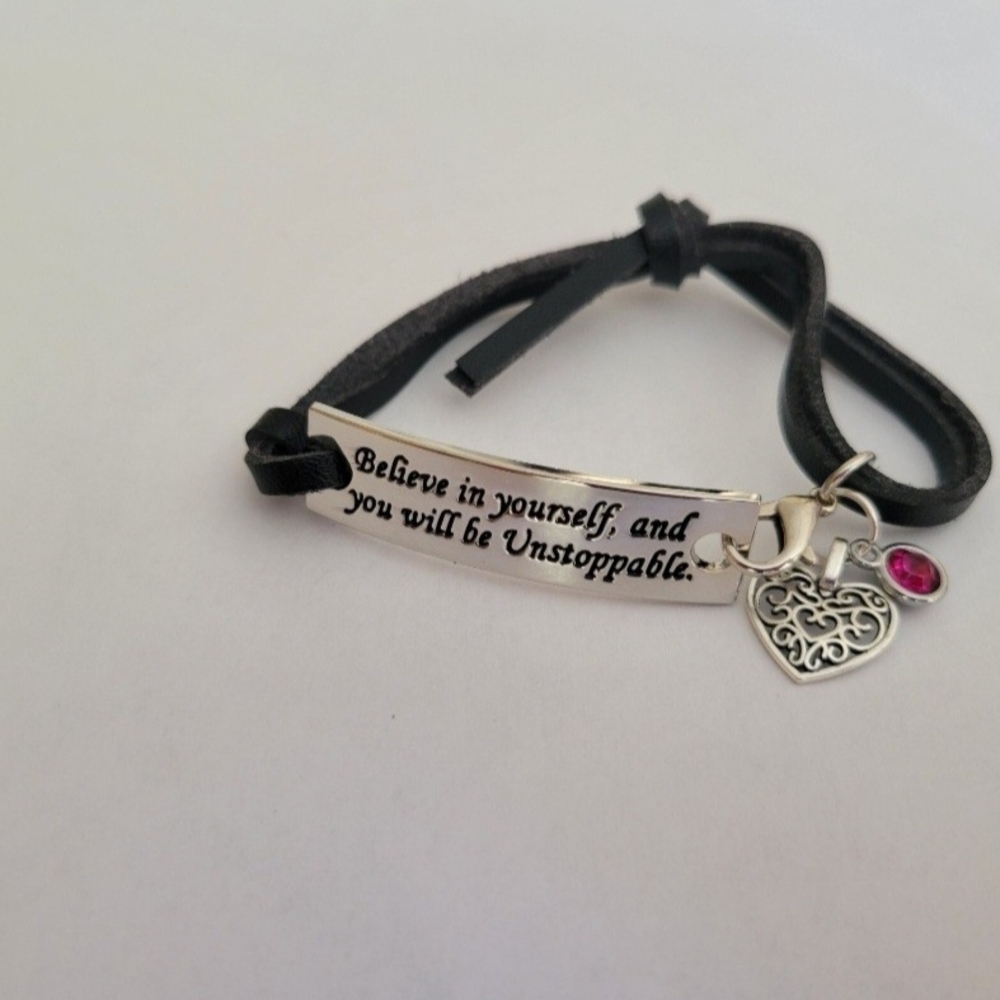 New Motivational Bracelet Adjustable Black Leather Strap Dangle Bracelet